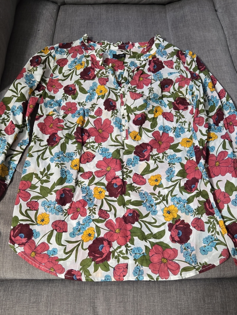 Talbots White Floral Button-Front Blouse with Pink, Yellow & Blue Flowers